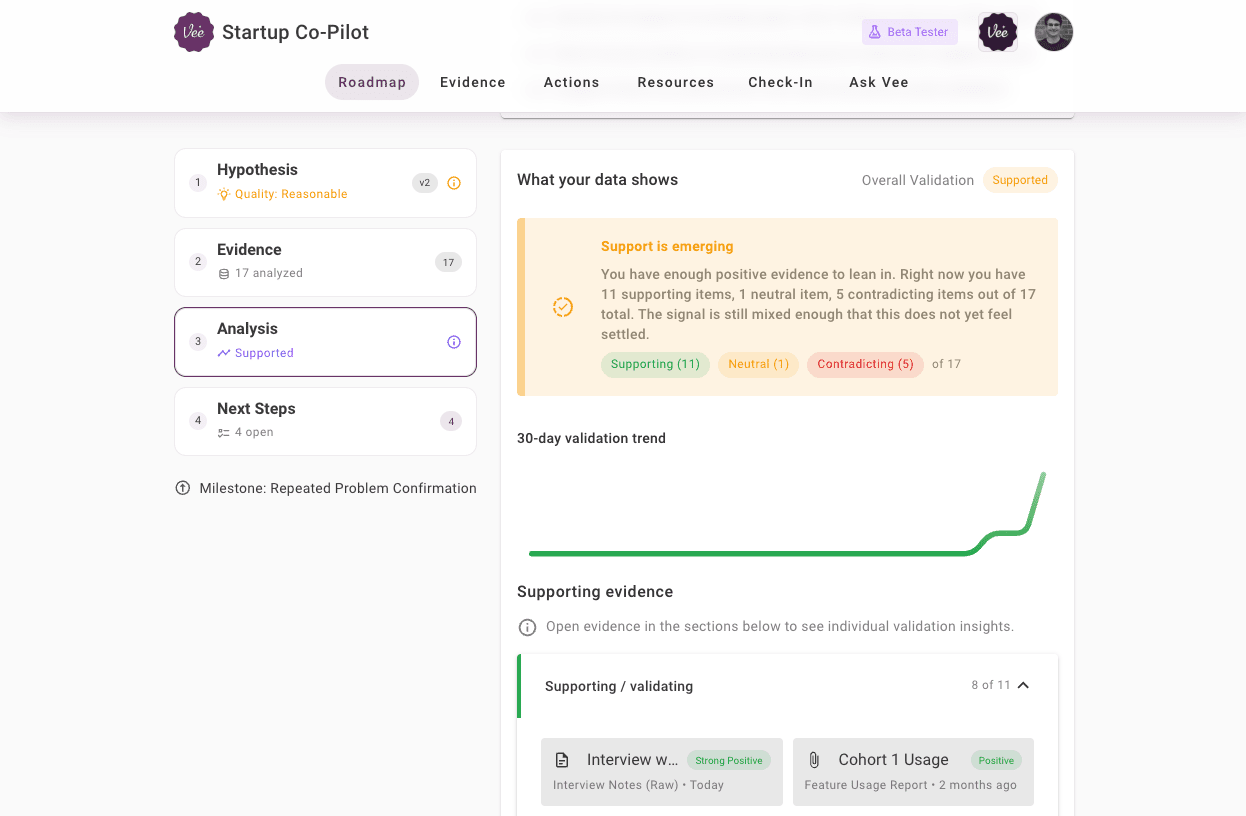 Vee signal dashboard showing startup evidence, risks, and next actions